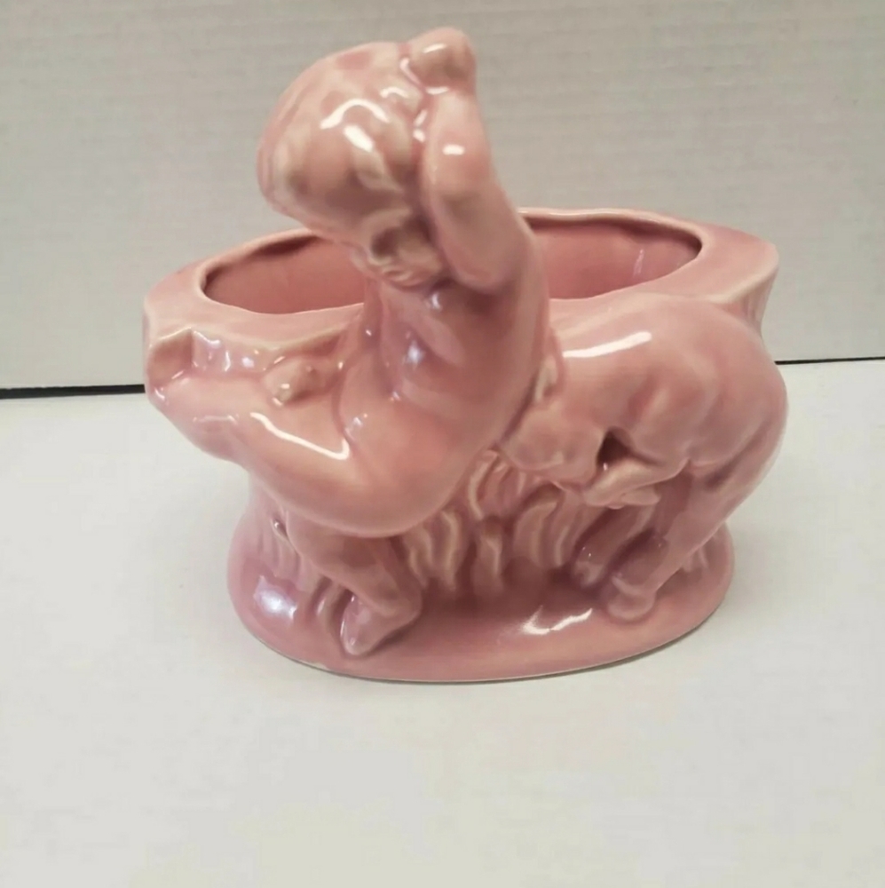 Vtg Ceramic Pink Boy With Animal Planter
